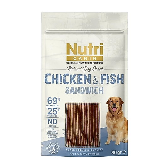 Nutri Canin %25 Okyanus Balıklı ve %69 Tavuk Etli Tahılsız Sandviç Köpek Ödül Maması 80gr