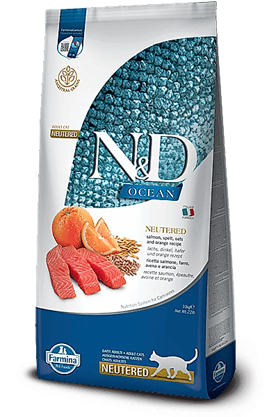 N&D Ocean Somonlu Kavuzlu Buğdaylı Yulaflı Portakallı Kısırlaştırılmış Yetişkin Kedi Maması 10 Kg