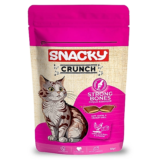 Snacky Crunch Strong Bones Güçlü Kemikler için Tavuklu ve Peynirli Kedi Ödül Maması 60gr