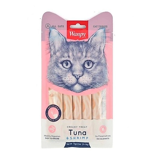 Wanpy Ton Balığı ve Karidesli Sindirim Sistemi Destekleyici Krema Kedi Ödül Maması 14gr (5'li)