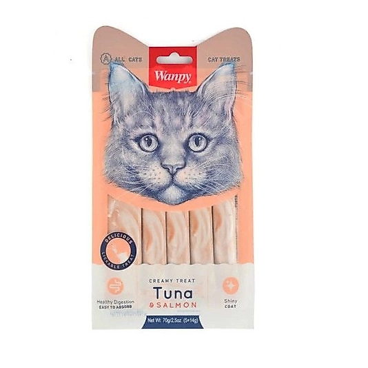 Wanpy Ton Balığı ve Somonlu Tüy Sağlığı Destekleyici Krema Kedi Ödül Maması 14gr (5'li)