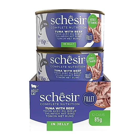 Schesir Ton Balıklı Sığır Filetolu ve Pirinçli Pişirme Suyunda Yetişkin Kedi Konservesi 85g