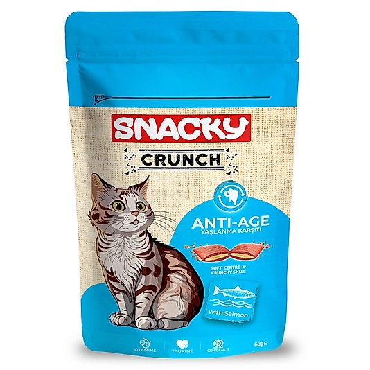 Snacky Crunch Anti-Age Yaşlanma Karşıtı Somonlu Kedi Ödül Maması 60gr