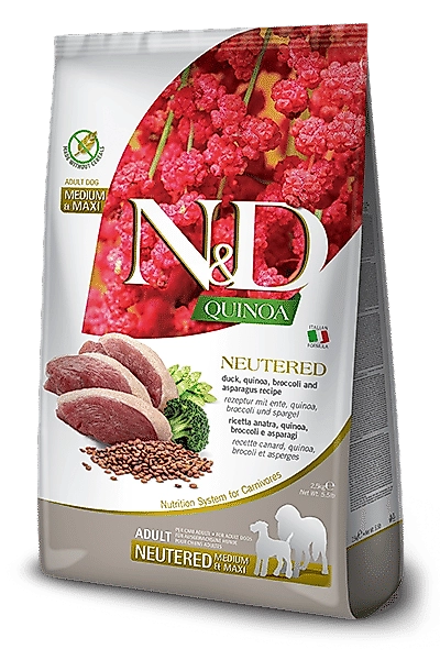 N&D Quinoa Neutered Ördek, Brokoli & Kuşkonmaz Kısırlaştırılmış Yetişkin Mini Irk Köpek Maması 2,5 Kg