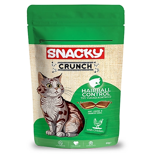 Snacky Crunch Hairball Control Tüy Yumağı Kontrolü için Tavuklu Kedi Ödül Maması 60gr