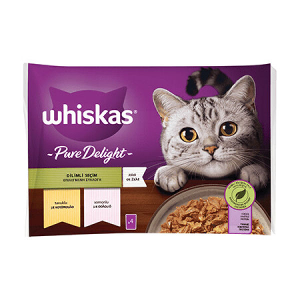 Whiskas Pouch Pure Delight Jöle İçinde Tavuklu ve Somonlu Yetişkin Kedi Konservesi 85gr (4'lü)