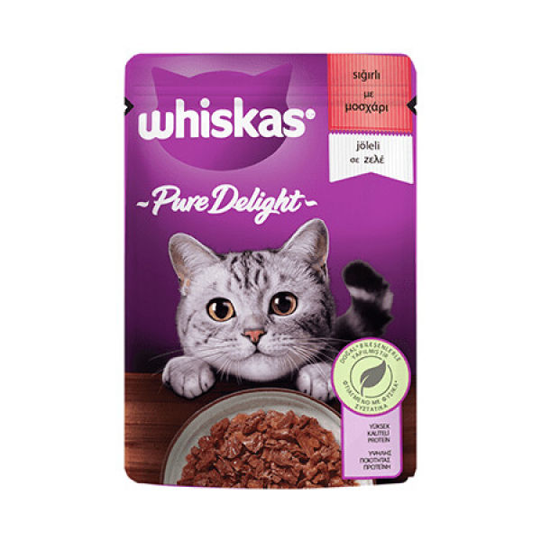 Whiskas Pouch Pure Delight Jöle İçinde Sığır Etli Yetişkin Kedi Konservesi 85gr