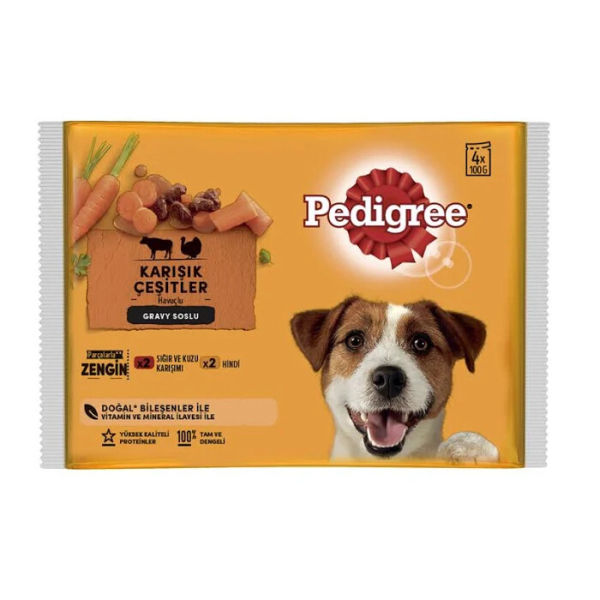 Pedigree Pouch Sığır Etli Kuzulu ve Hindili Yetişkin Köpek Konservesi 100gr (4'lü)