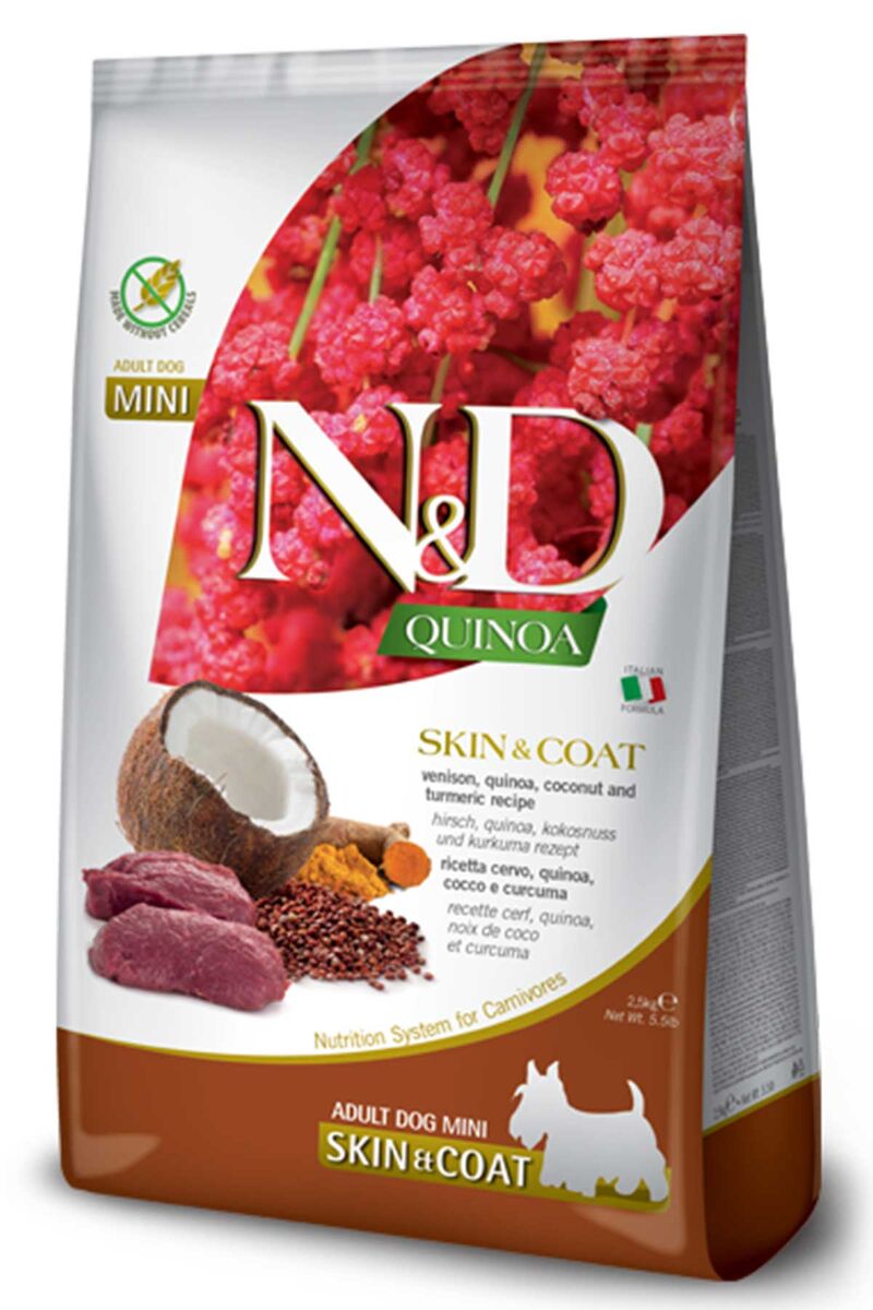N&D Quinoa Skin&Coat Deri Sağlığı Destekli Geyik Etli ve Hindistan Cevizli Küçük Irk Yetişkin Köpek Maması 2.5 kg